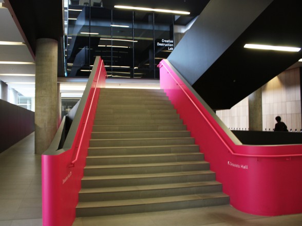 The iconic pink stairs from the Rotman School of Business, home to Rise Asset Development.